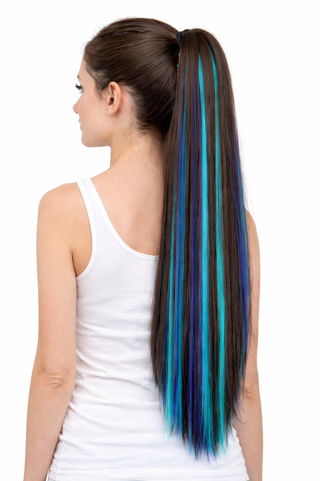 Long Straight Claw Clip-in Ponytail Extension with Blue and Teal Highlights - Truly Yours
