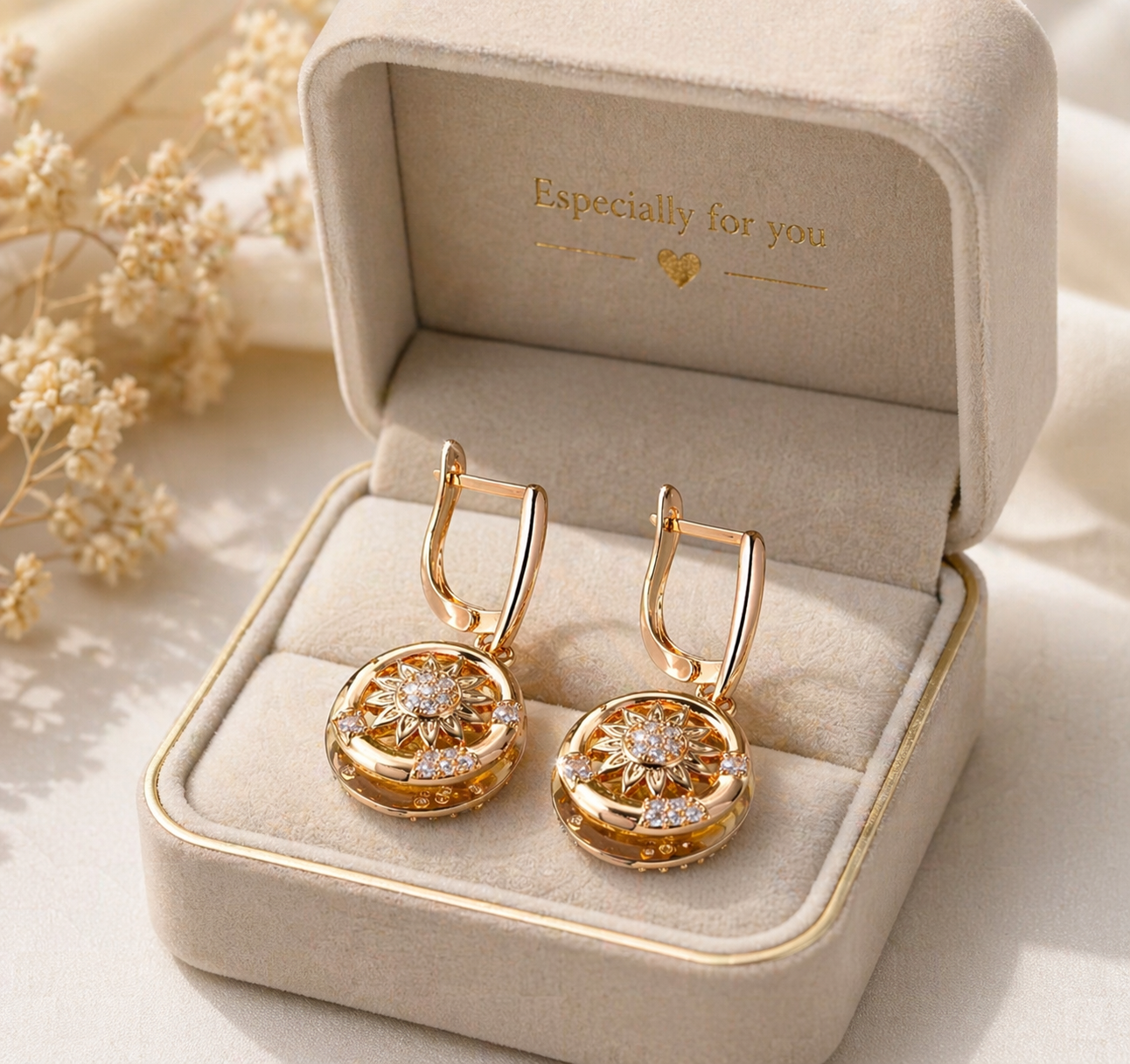 Gold Sunburst Crystal Drop Earrings – Elegant Hoop Dangle Statement Jewellery - Truly Yours