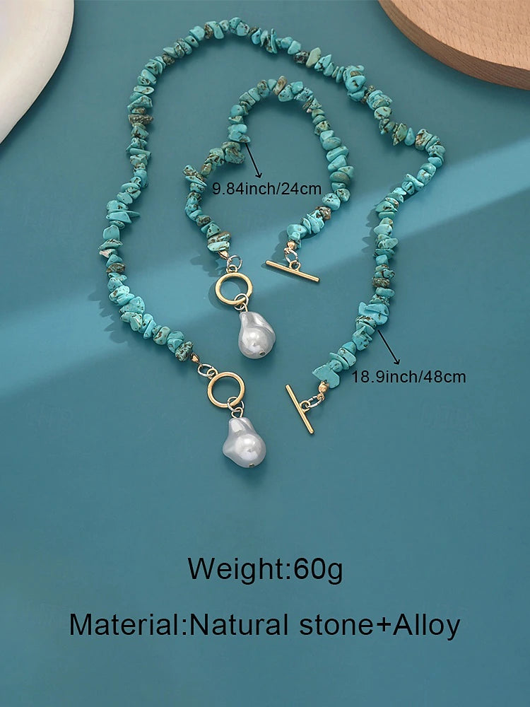 Women's Necklace and Bracelet Set, Imitation Pearl with Turquoise Beads - Truly Yours