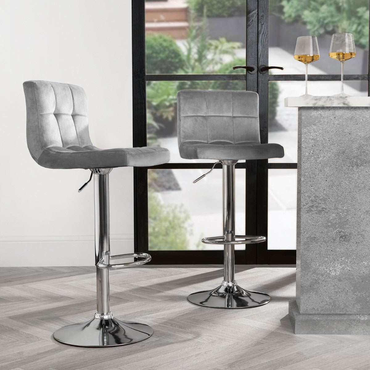 Set of 2 Adjustable Velvet Bar Stools - Grey - Truly Yours