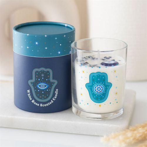 Hand of Hamsa White Rose Candle with Crystals - Truly Yours