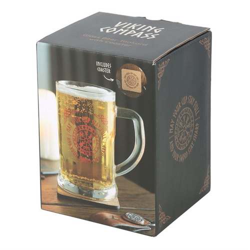 Viking Compass Glass Beer Tankard with Coaster - Truly Yours