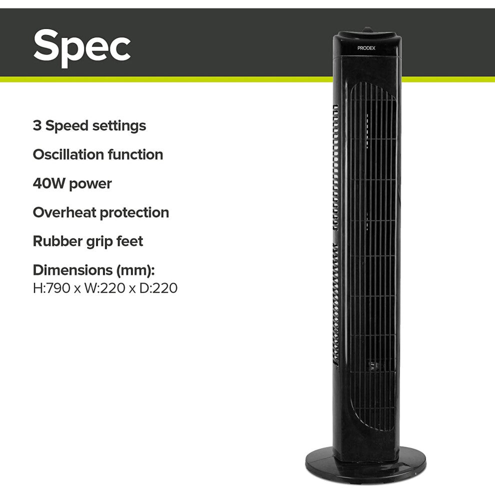 Tower Fan, 29 Inch, 3 Speed Settings, Black, Prodex PX5229B - Truly Yours