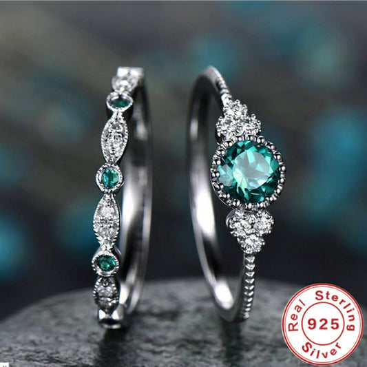 925 Sterling Silver Green Forest Gemstone Two-Piece Promise Ring Set