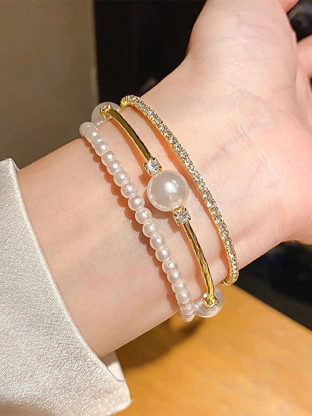 Imitation Pearl & Rhinestone Layered Bracelet - Truly Yours