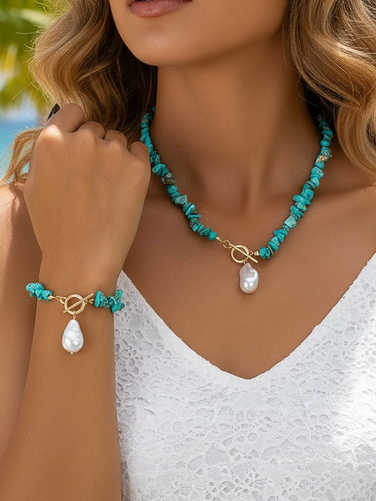 Women's Necklace and Bracelet Set, Imitation Pearl with Turquoise Beads - Truly Yours