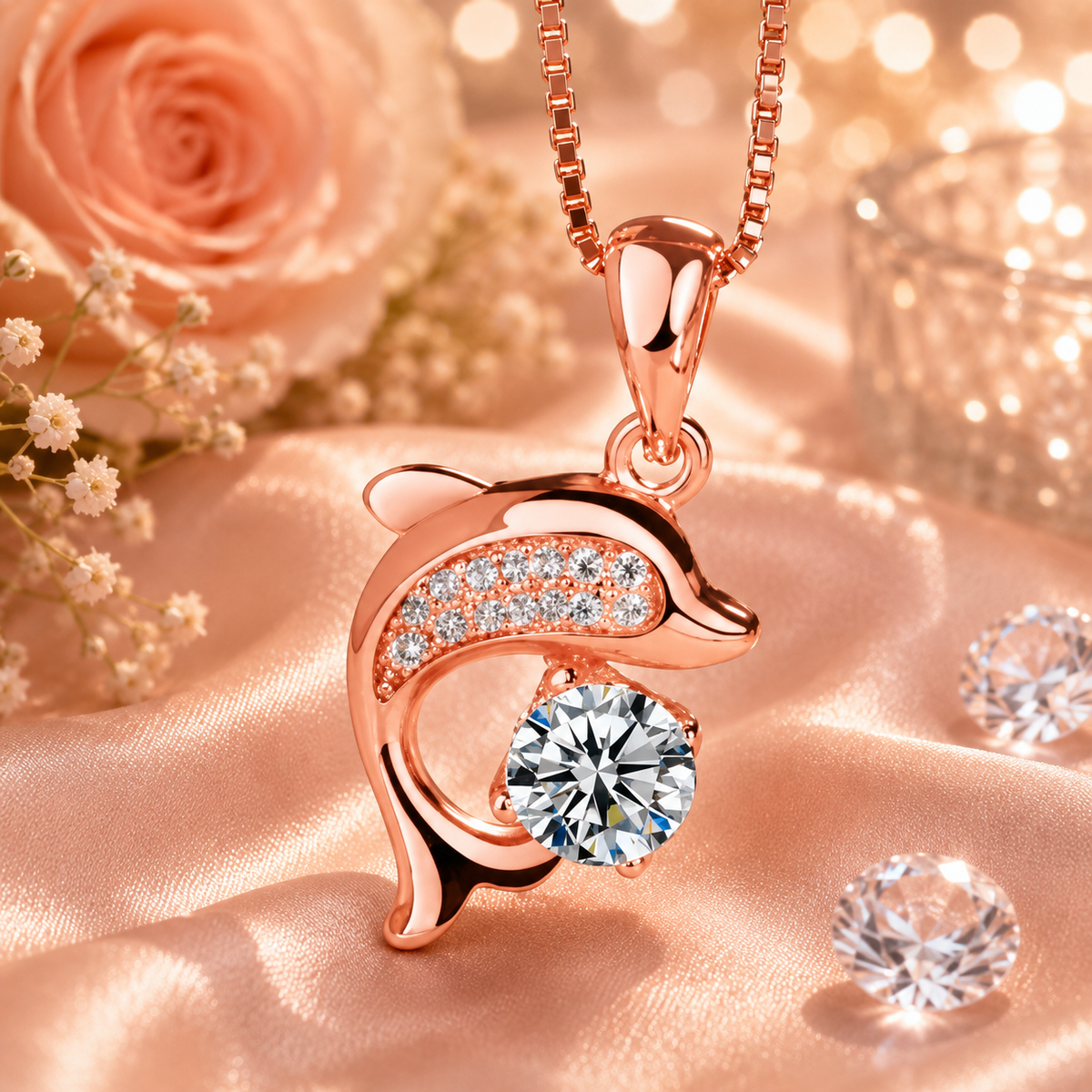 925 Sterling Silver Dolphin Pendant Necklace with Sparkling Crystal