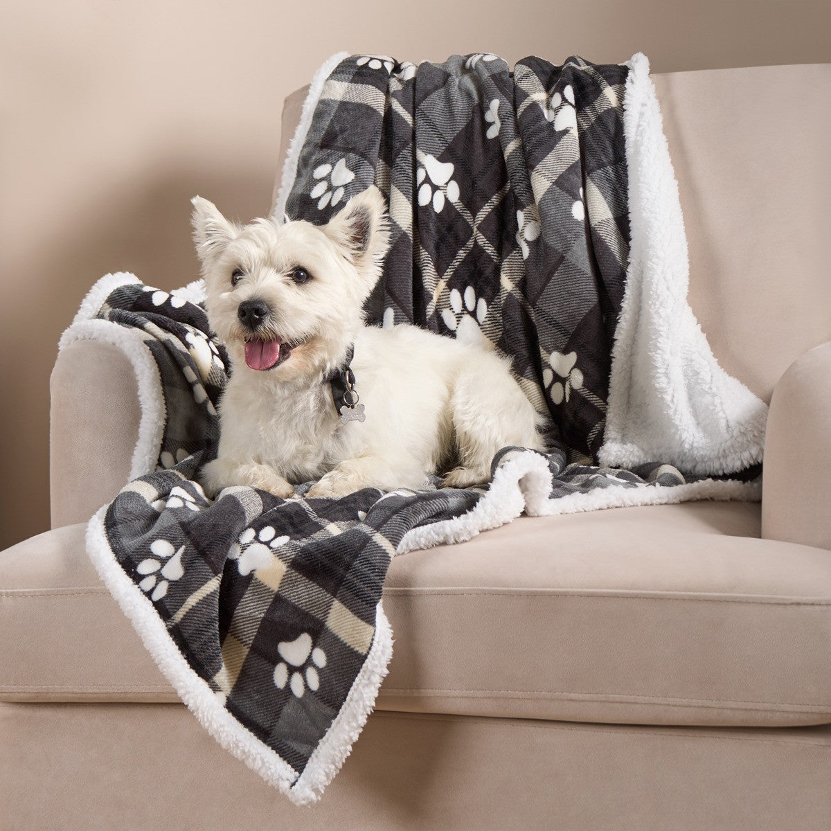Pet Oxford Check Paw Flannel Fleece Throw - Red or Grey
