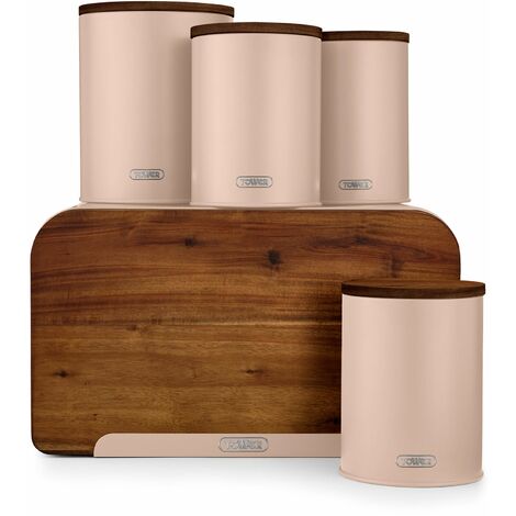 Tower Scandi 5-Piece Acacia Wood Storage Set with Bread Bin, Cracker Barrel, Jars, Pink Clay