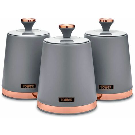 Tower T826131GRY Cavaletto Set of 3 Storage Canisters for Tea/Coffee/Sugar, Steel, Grey and Rose Gold - Truly Yours