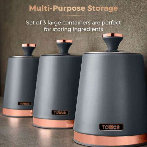 Tower T826131GRY Cavaletto Set of 3 Storage Canisters for Tea/Coffee/Sugar, Steel, Grey and Rose Gold - Truly Yours