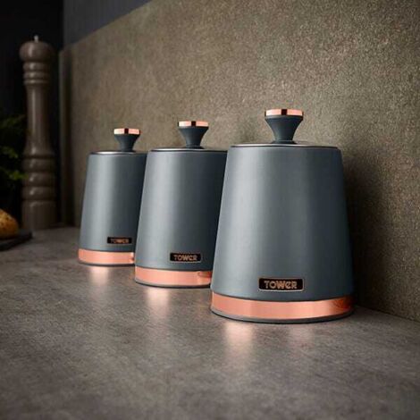 Tower T826131GRY Cavaletto Set of 3 Storage Canisters for Tea/Coffee/Sugar, Steel, Grey and Rose Gold - Truly Yours