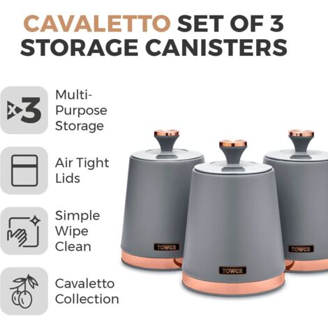 Tower T826131GRY Cavaletto Set of 3 Storage Canisters for Tea/Coffee/Sugar, Steel, Grey and Rose Gold - Truly Yours