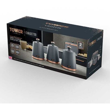 Tower T826131GRY Cavaletto Set of 3 Storage Canisters for Tea/Coffee/Sugar, Steel, Grey and Rose Gold - Truly Yours