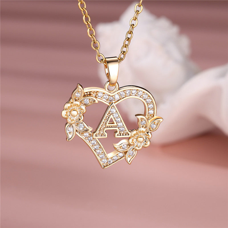 Gold-Plated Heart Initial Necklace – Sparkling Crystal A-Z Letter Pendant with Floral Accents - Truly Yours