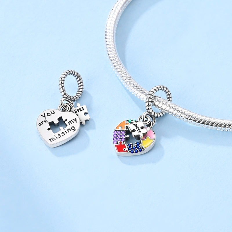 925 Sterling Silver Autism Awareness Puzzle Heart Dangle Charm - Truly Yours