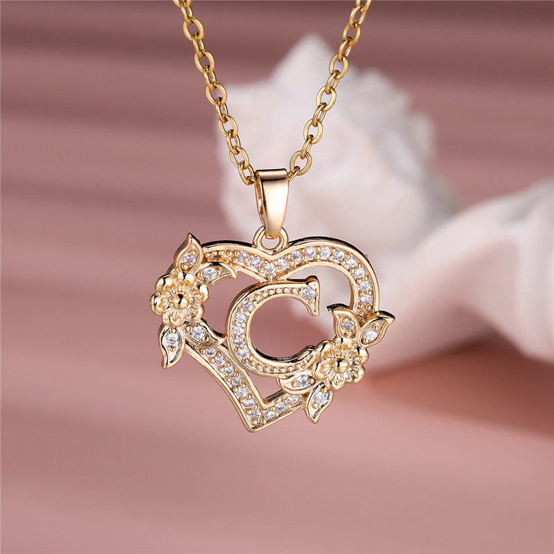 Gold-Plated Heart Initial Necklace – Sparkling Crystal A-Z Letter Pendant with Floral Accents