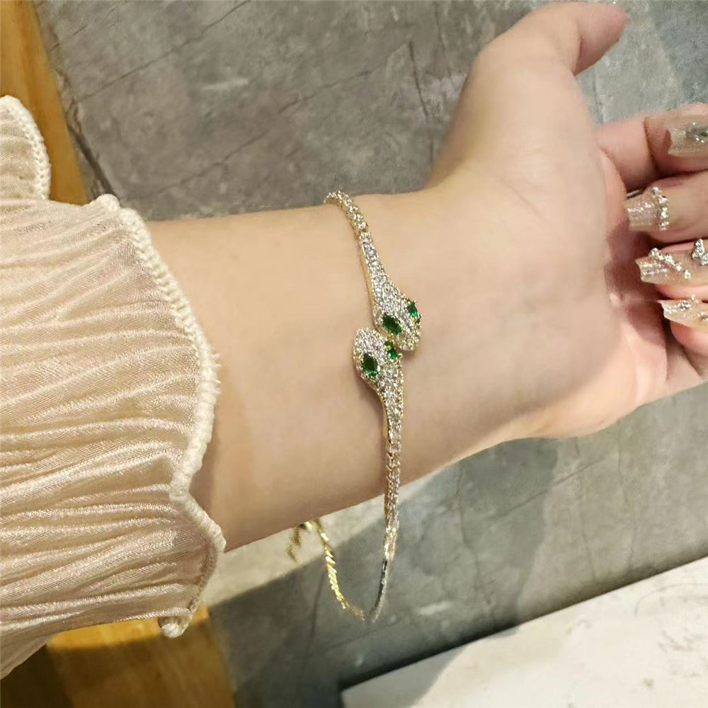 Gold Tone Snake Bracelet with Red & Green Zircon Stones - Adjustable - Truly Yours
