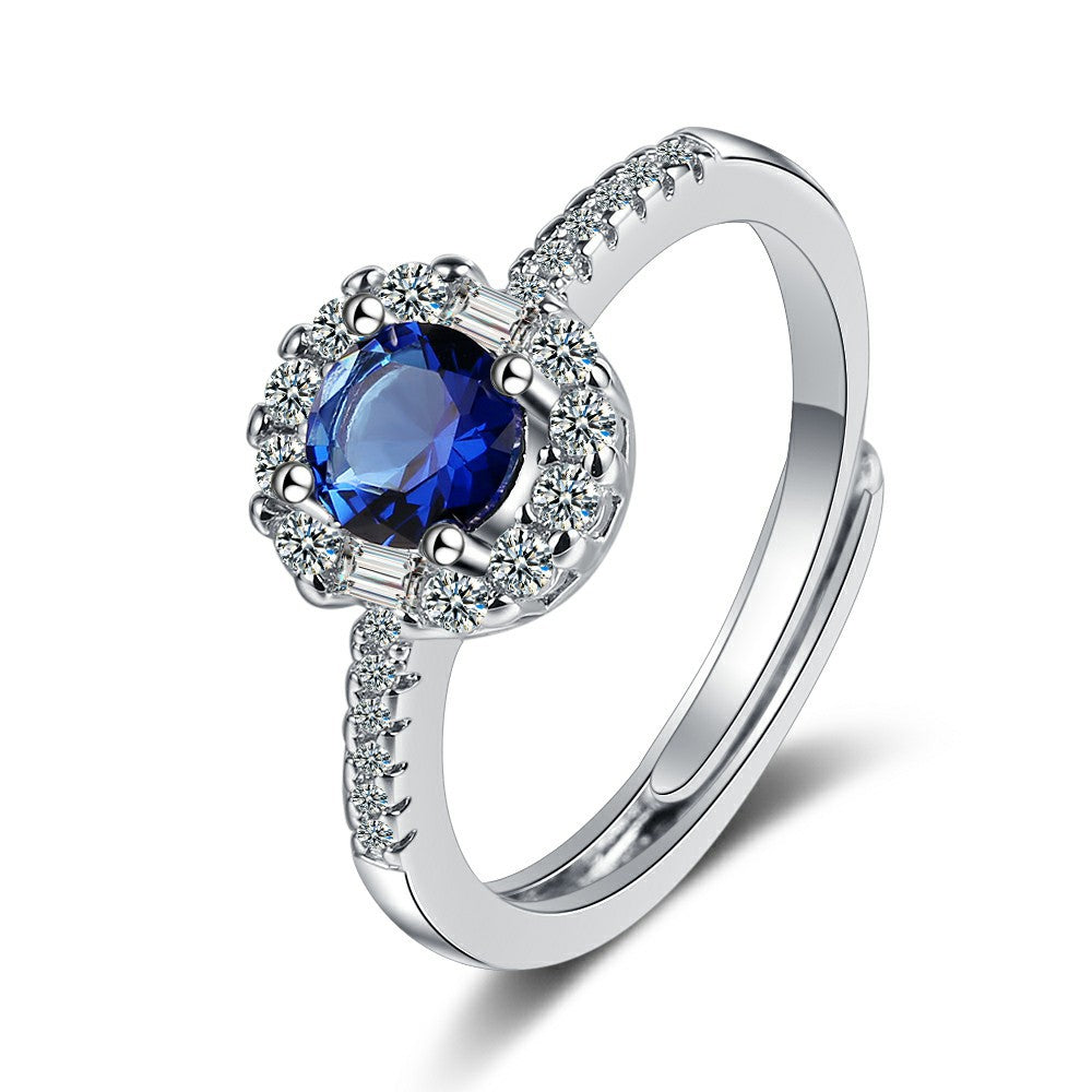 925 Sterling Silver Blue Sapphire Crystal Halo Adjustable Ring - Truly Yours