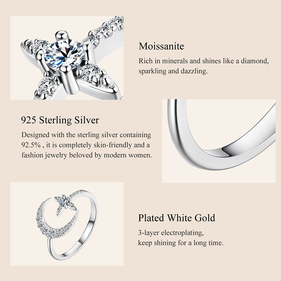Celestial Moon & Star Moissanite Ring – 925 Sterling Silver - Truly Yours