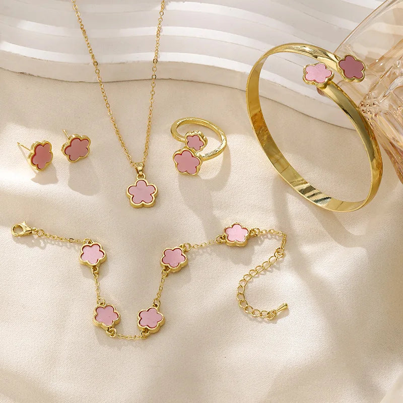 5 Piece Stainless Steel Pink Clover Jewellery Set - Includes Necklace, Bracelet, Bangle, Ring & Stud Earrings, 5 colours - Truly Yours