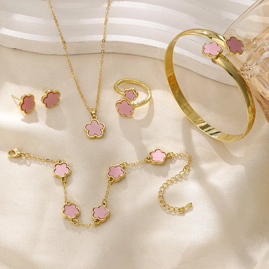 5 Piece Stainless Steel Pink Clover Jewellery Set - Includes Necklace, Bracelet, Bangle, Ring & Stud Earrings, 5 colours - Truly Yours
