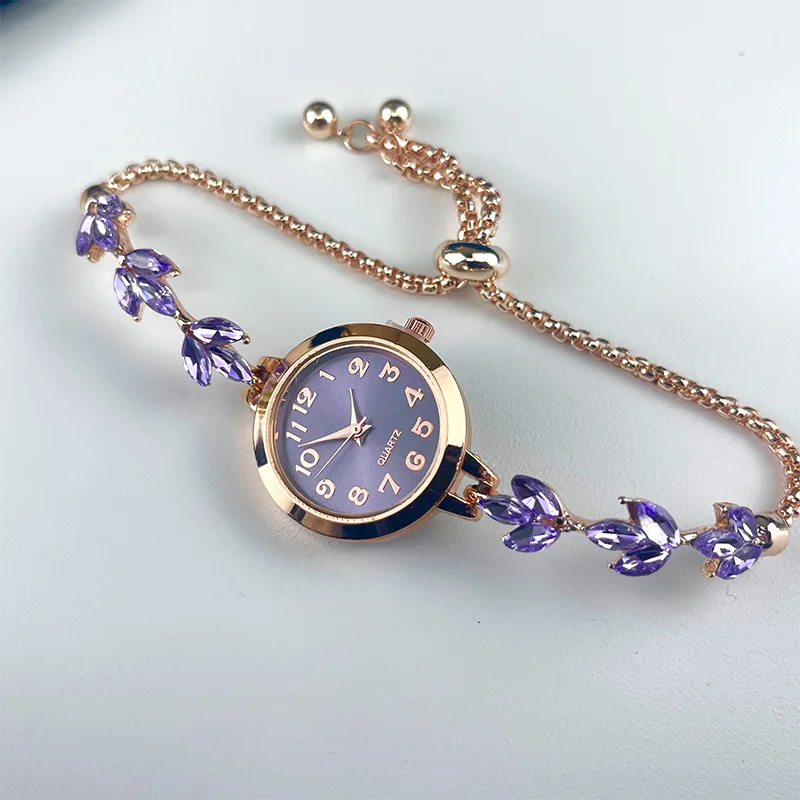 Crystal Leaf Bracelet Watch – Rose Gold Adjustable Ladies Watch