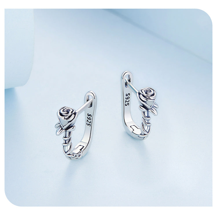 925 Sterling Silver Rose Design Hoop Earrings - Truly Yours