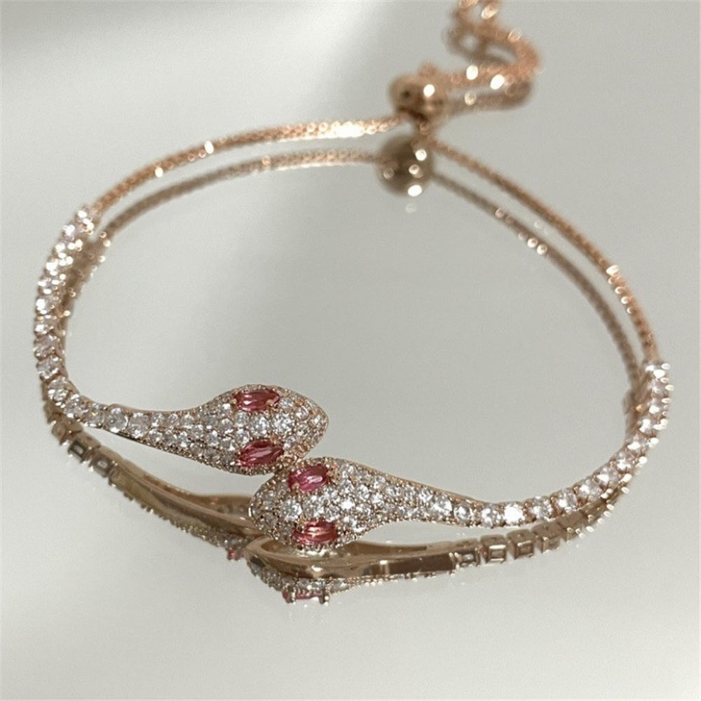 Gold Tone Snake Bracelet with Red & Green Zircon Stones - Adjustable - Truly Yours