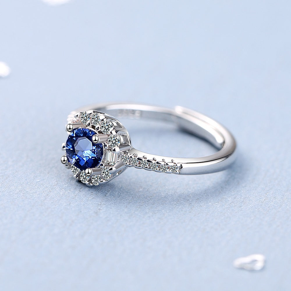 925 Sterling Silver Blue Sapphire Crystal Halo Adjustable Ring - Truly Yours