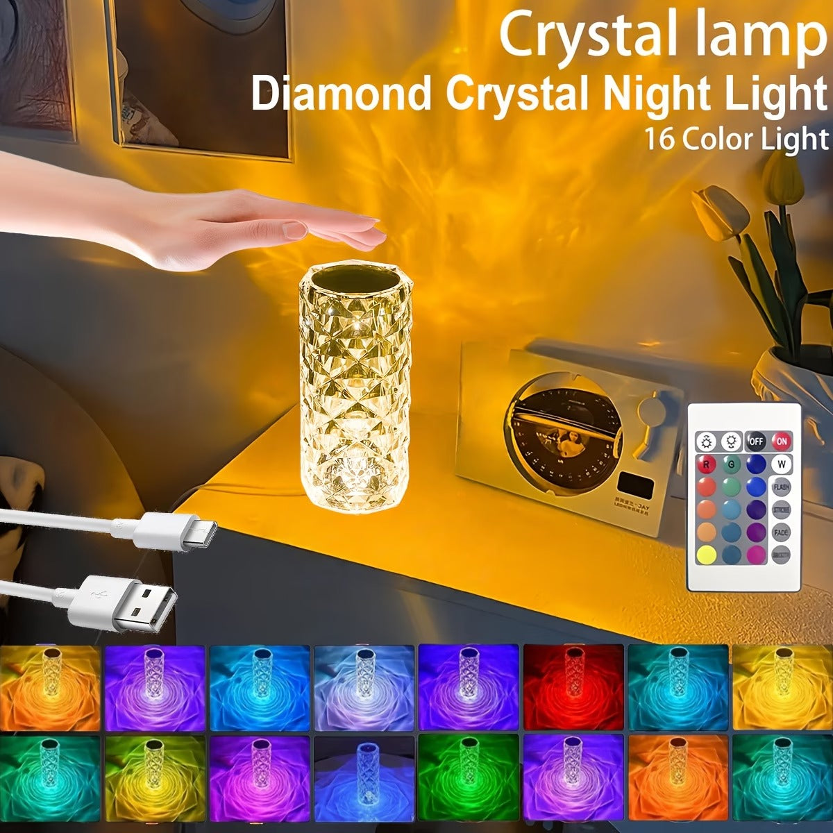 Luxury Crystal Diamond Touch Night Lamp – 16 Colour LED with Remote Led light