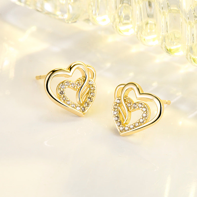 Dual-Tone Heart Stud Earrings – 925 Silver with Zircon Accents (Silver or Gold Finish)