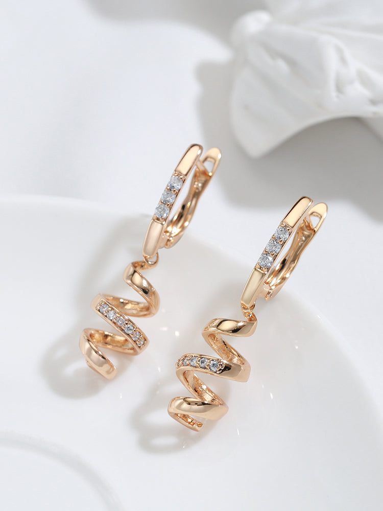 585 Rose Gold Spiral Drop Earrings with Natural Zircon Accents
