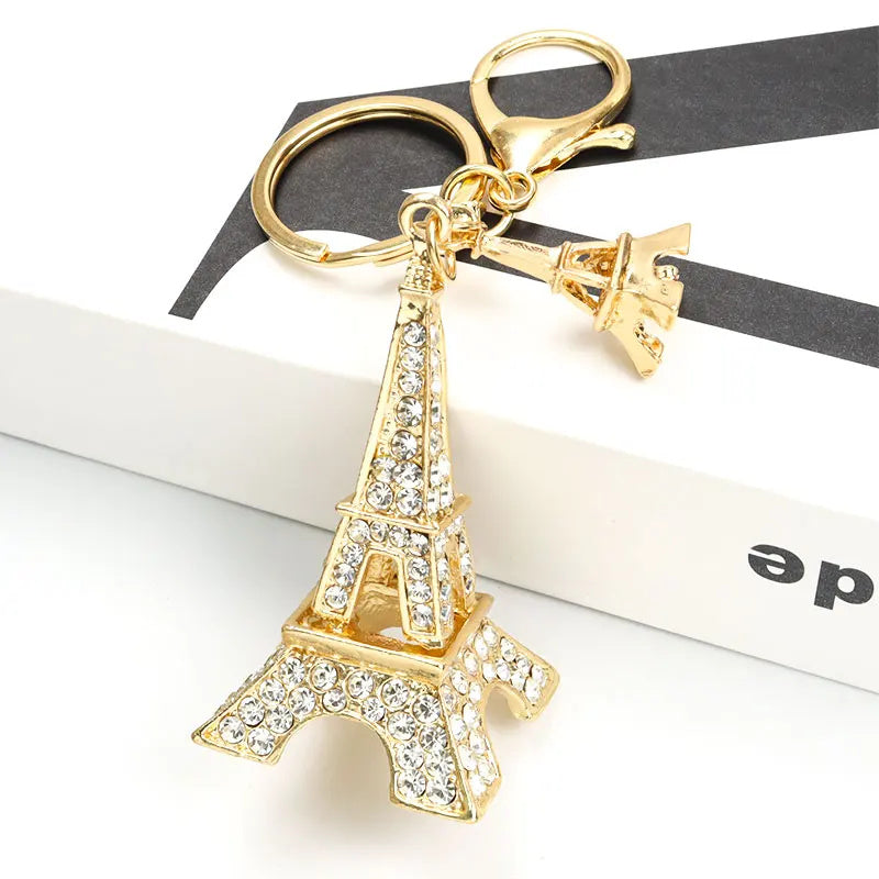 Crystal Eiffel Tower Keychain - Gold Plated Rhinestone Charm