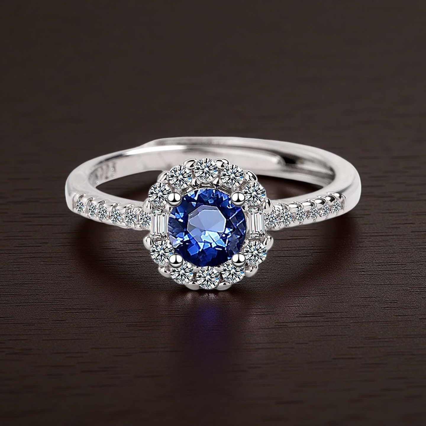 925 Sterling Silver Blue Sapphire Crystal Halo Adjustable Ring - Truly Yours