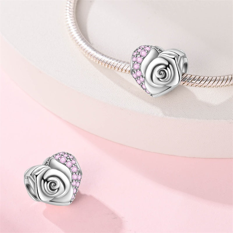 925 Sterling Silver Heart-Shaped Rose Charm with Pink Crystals