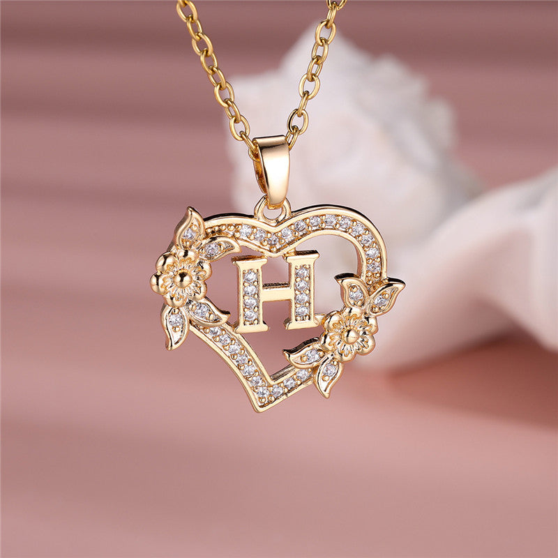 Gold-Plated Heart Initial Necklace – Sparkling Crystal A-Z Letter Pendant with Floral Accents - Truly Yours