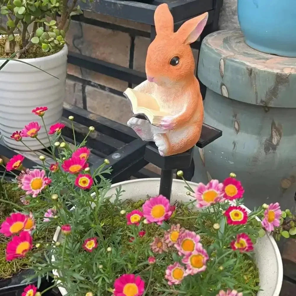 Solar Powered Garden Stake Light - Reading Bunny Outdoor Statue
