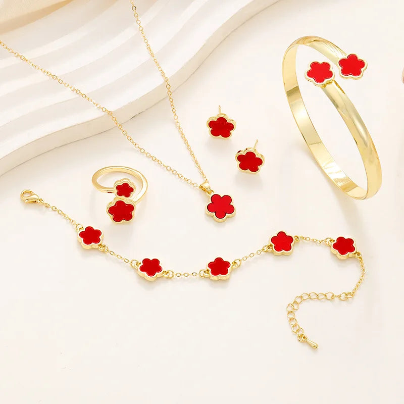 5 Piece Stainless Steel Pink Clover Jewellery Set - Includes Necklace, Bracelet, Bangle, Ring & Stud Earrings, 5 colours - Truly Yours