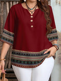 Boho Print Button Tunic Top - 2 Colours Wine Blouse