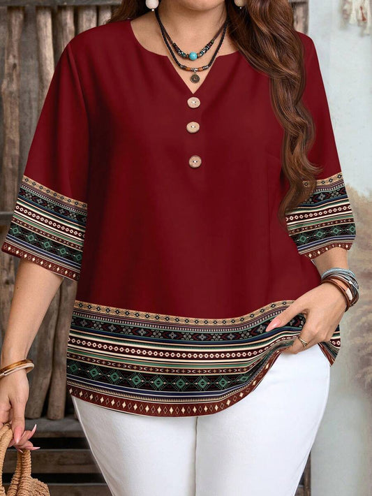 Boho Print Button Tunic Top - 2 Colours Wine Blouse
