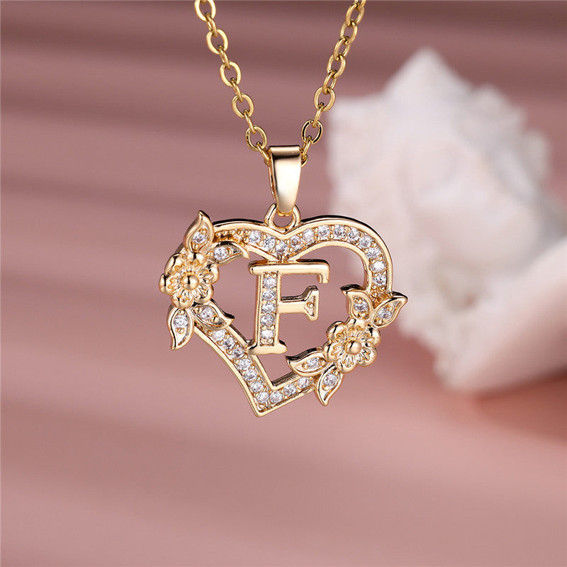 Gold-Plated Heart Initial Necklace – Sparkling Crystal A-Z Letter Pendant with Floral Accents - Truly Yours