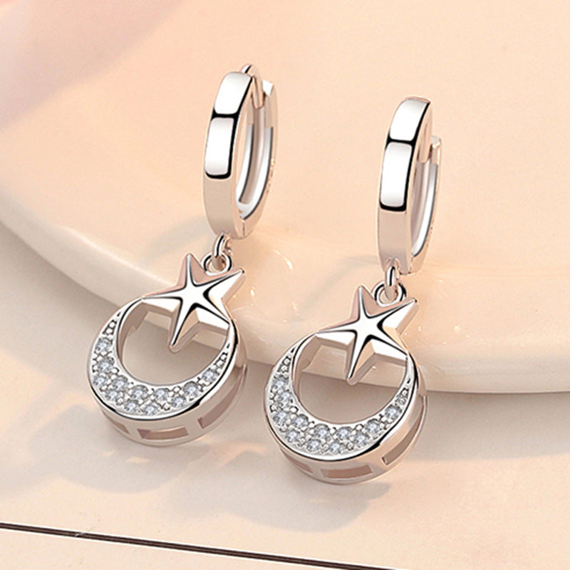 925 Sterling Silver Crescent Moon and Star Drop Earrings