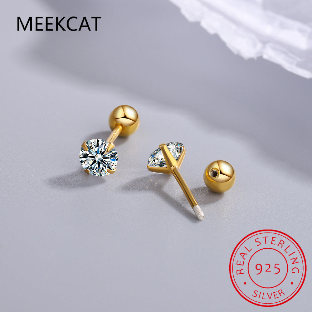 S925 Sterling Silver Moissanite Studs - 18K Gold Plated Screw-Back Earrings