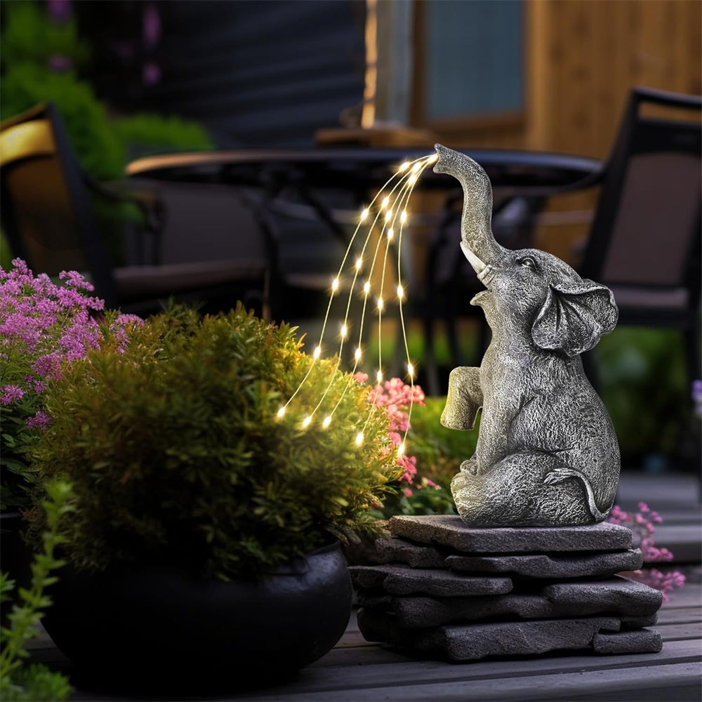 Garden Elephant Statue with Cascading Solar LED Lights
