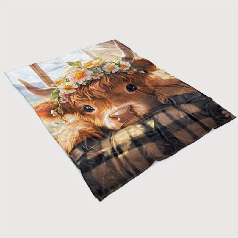 Floral Highland Cow Plush Throw Blanket – Adorable Scottish Coo with Daisy Crown - Truly Yours