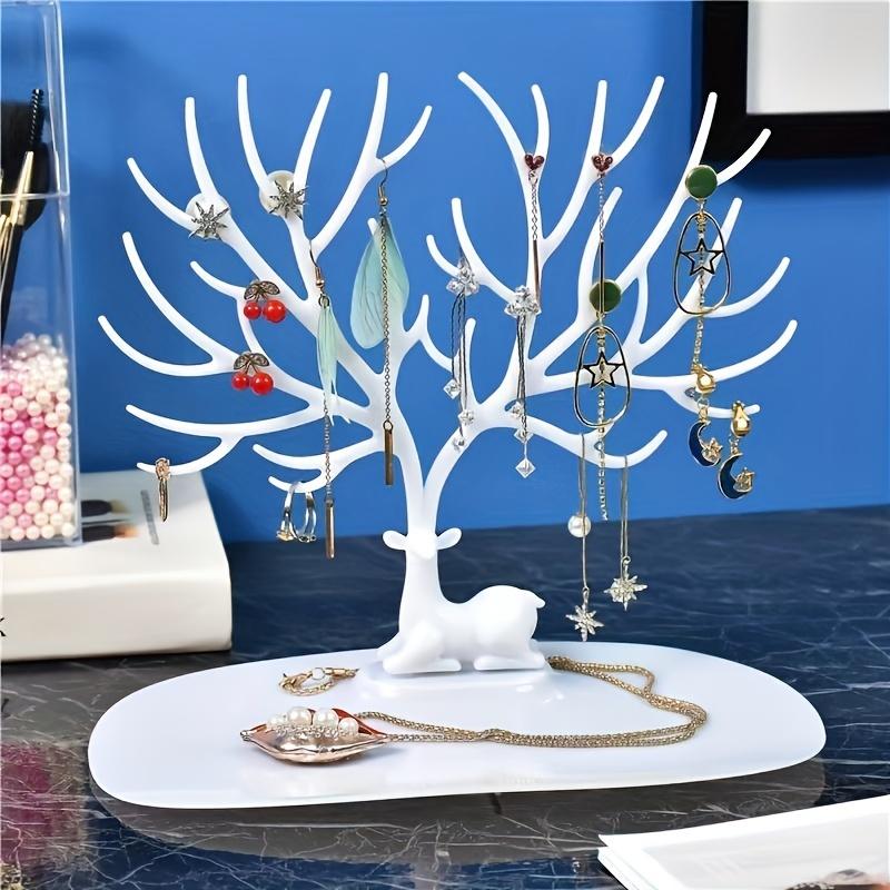 Tree-Shaped Jewellery Organizer with Deer Base - Necklace, Earring & Ring Display Stand with Storage Tray