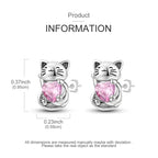925 Sterling Silver Cute Cat Stud Earrings with Pink Heart-Shaped Gemstone