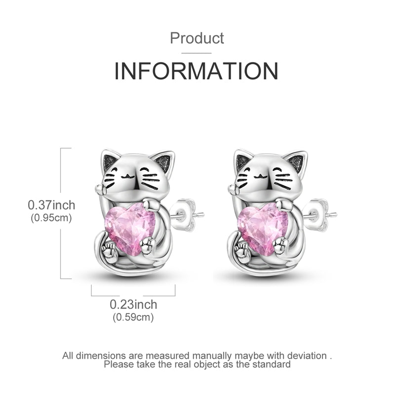 925 Sterling Silver Cute Cat Stud Earrings with Pink Heart-Shaped Gemstone