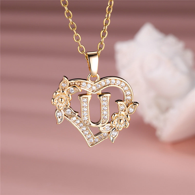 Gold-Plated Heart Initial Necklace – Sparkling Crystal A-Z Letter Pendant with Floral Accents - Truly Yours